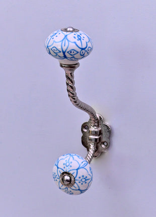 Blue Floral Pattern on White Ceramic Knob With Metal Wall Hanger