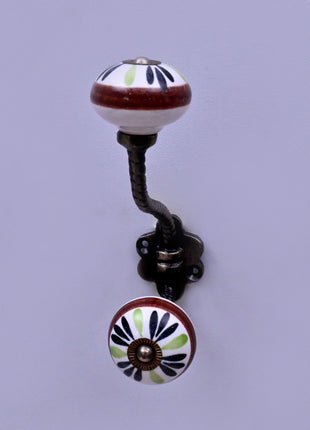 Green,Black Flower on White Base Ceramic Knob With Metal Wall Hanger