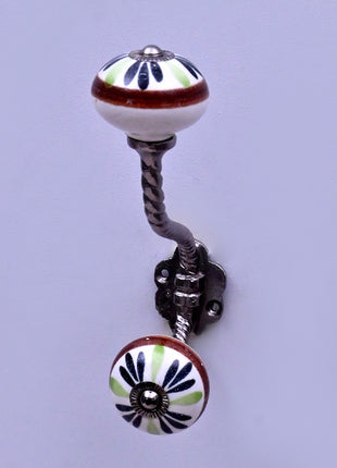 Green,Black Flower on White Base Ceramic Knob With Metal Wall Hanger