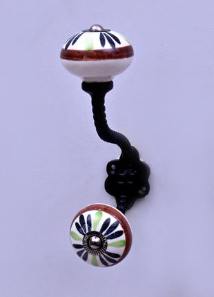 Green,Black Flower on White Base Ceramic Knob With Metal Wall Hanger