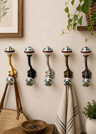 Green,Black Flower on White Base Ceramic Knob With Metal Wall Hanger