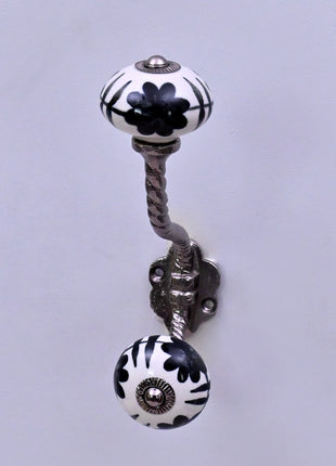 Black Design On White Ceramic Knob With Metal Wall Hanger