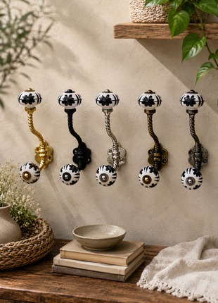 Black Design On White Ceramic Knob With Metal Wall Hanger