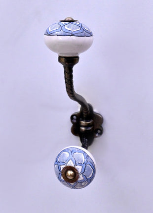 Light Blue Design on White Ceramic Knob With Metal Wall Hanger