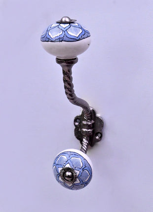 Light Blue Design on White Ceramic Knob With Metal Wall Hanger