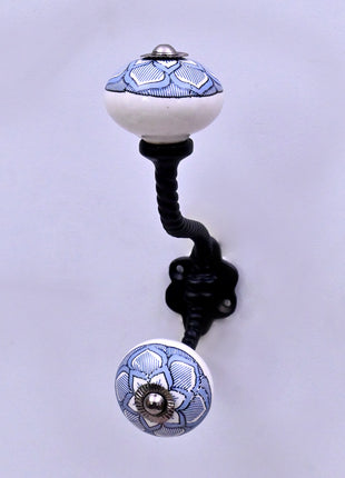 Light Blue Design on White Ceramic Knob With Metal Wall Hanger