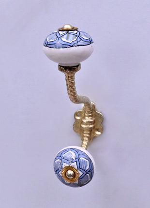 Light Blue Design on White Ceramic Knob With Metal Wall Hanger