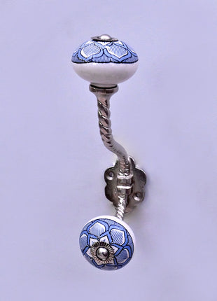 Light Blue Design on White Ceramic Knob With Metal Wall Hanger