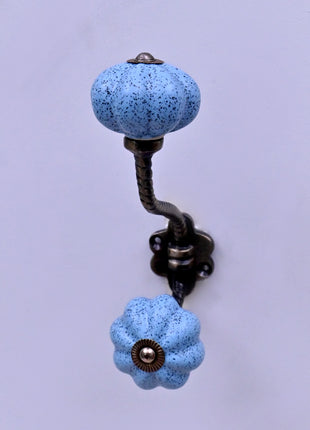 Handmade Light Blue Speckled Ceramic Flower Door Knob With Metal Wall Hanger