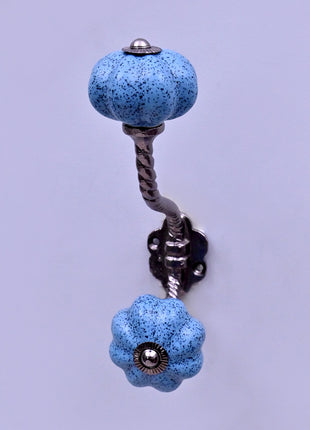 Handmade Light Blue Speckled Ceramic Flower Door Knob With Metal Wall Hanger