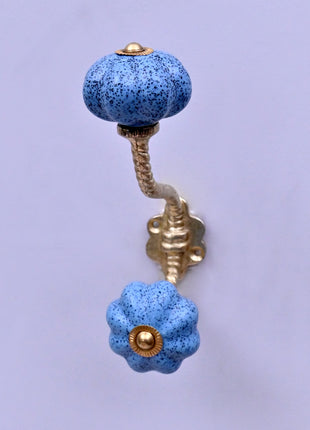 Handmade Light Blue Speckled Ceramic Flower Door Knob With Metal Wall Hanger