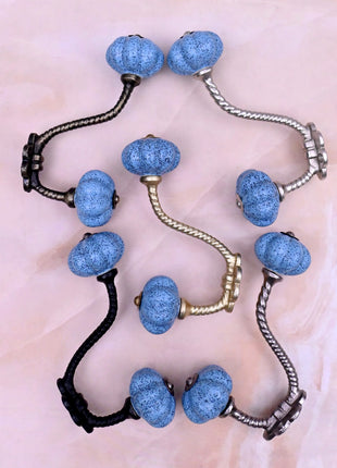 Handmade Light Blue Speckled Ceramic Flower Door Knob With Metal Wall Hanger