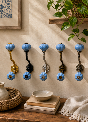 Handmade Light Blue Speckled Ceramic Flower Door Knob With Metal Wall Hanger