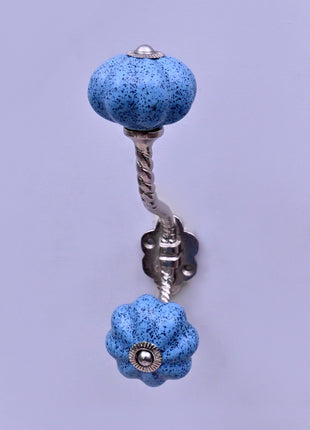 Handmade Light Blue Speckled Ceramic Flower Door Knob With Metal Wall Hanger