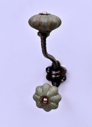 Olive Green Rustic Ceramic Knob With Metal Wall Hanger