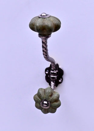 Olive Green Rustic Ceramic Knob With Metal Wall Hanger
