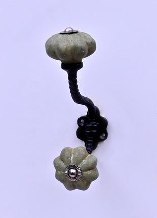 Olive Green Rustic Ceramic Knob With Metal Wall Hanger