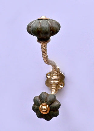 Olive Green Rustic Ceramic Knob With Metal Wall Hanger