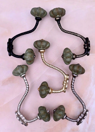 Olive Green Rustic Ceramic Knob With Metal Wall Hanger