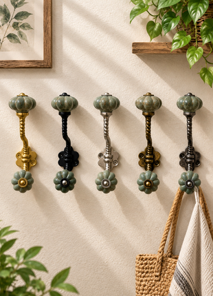 Olive Green Rustic Ceramic Knob With Metal Wall Hanger