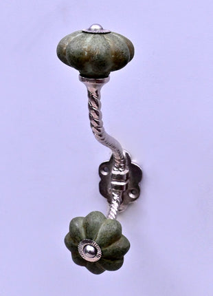 Olive Green Rustic Ceramic Knob With Metal Wall Hanger