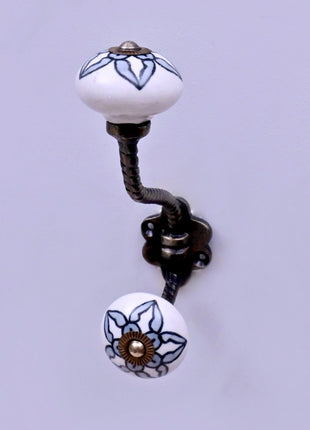 White Ceramic Flower Knob with Black Floral Pattern With Metal Wall Hanger