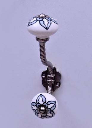 White Ceramic Flower Knob with Black Floral Pattern With Metal Wall Hanger