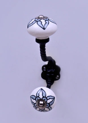 White Ceramic Flower Knob with Black Floral Pattern With Metal Wall Hanger