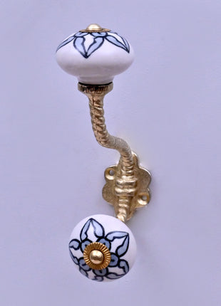 White Ceramic Flower Knob with Black Floral Pattern With Metal Wall Hanger