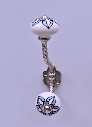 White Ceramic Flower Knob with Black Floral Pattern With Metal Wall Hanger