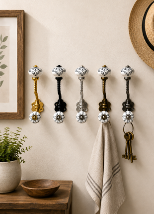 White Ceramic Flower Knob with Black Floral Pattern With Metal Wall Hanger