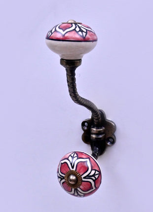 Red Ceramic Flower Knob with White & Black Floral Pattern With Metal Wall Hanger