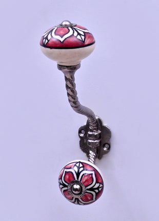 Red Ceramic Flower Knob with White & Black Floral Pattern With Metal Wall Hanger