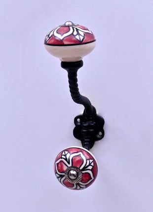 Red Ceramic Flower Knob with White & Black Floral Pattern With Metal Wall Hanger