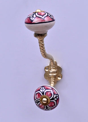 Red Ceramic Flower Knob with White & Black Floral Pattern With Metal Wall Hanger
