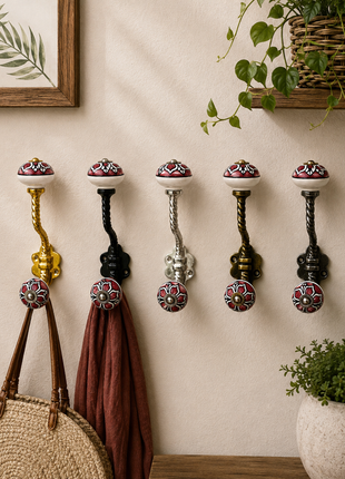 Red Ceramic Flower Knob with White & Black Floral Pattern With Metal Wall Hanger
