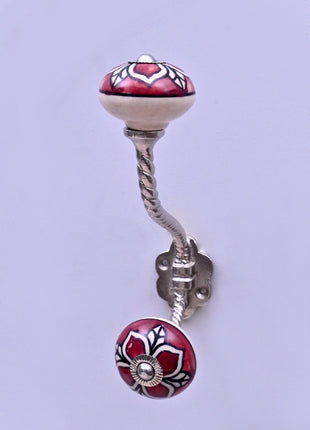 Red Ceramic Flower Knob with White & Black Floral Pattern With Metal Wall Hanger