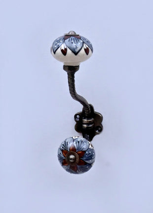 Brown & Gray Flower Design on White Ceramic Knob With Metal Wall Hanger
