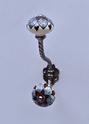 Brown & Gray Flower Design on White Ceramic Knob With Metal Wall Hanger