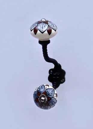 Brown & Gray Flower Design on White Ceramic Knob With Metal Wall Hanger