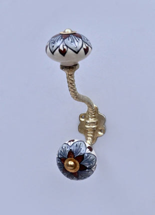 Brown & Gray Flower Design on White Ceramic Knob With Metal Wall Hanger