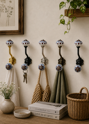 Brown & Gray Flower Design on White Ceramic Knob With Metal Wall Hanger