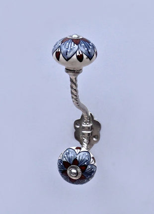 Brown & Gray Flower Design on White Ceramic Knob With Metal Wall Hanger