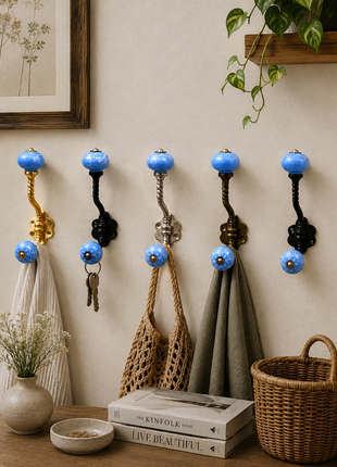 White Design on Turquoise Base Ceramic Knob With Metal Wall Hanger