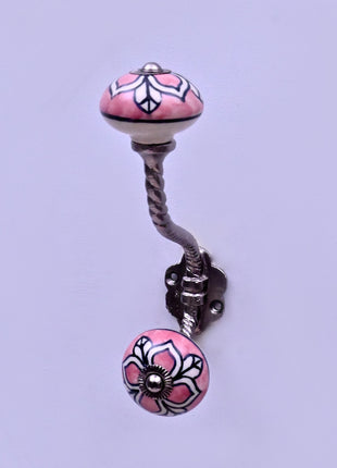 White Design on Pink Ceramic Knob With Metal Wall Hanger