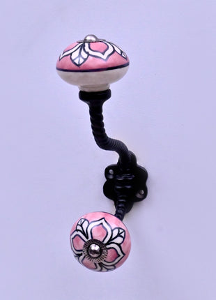 White Design on Pink Ceramic Knob With Metal Wall Hanger
