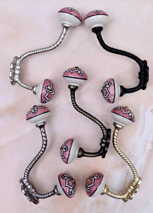 White Design on Pink Ceramic Knob With Metal Wall Hanger