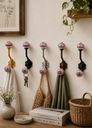 White Design on Pink Ceramic Knob With Metal Wall Hanger
