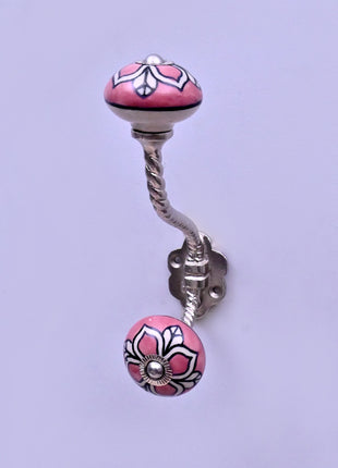 White Design on Pink Ceramic Knob With Metal Wall Hanger