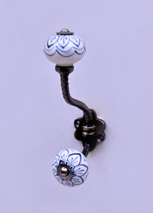 Light Blue Design on White Base Ceramic Knob With Metal Wall Hanger